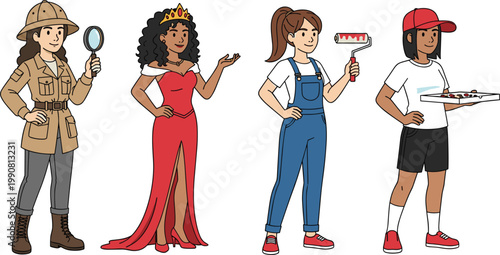 Diverse Female Character Set Featuring an Explorer Queen House Painter and Pizza Delivery Girl for Career Education and Childrens Storybook Illustrations