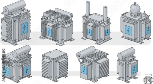 Electric Transformer Icon Set Featuring Different Transformer Models for Power Distribution and Electrical Systems