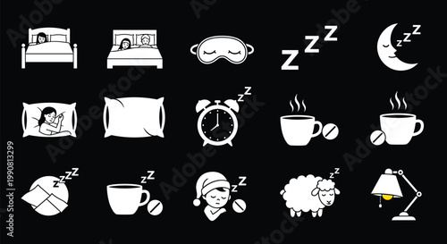 Collection of fifteen white icons on a black background depicting sleep related themes like beds alarm clocks and warm tea.