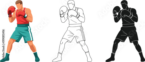 Boxer Icon Set Featuring Different Styles of Boxing Poses in Full Color, Outline, and Silhouette