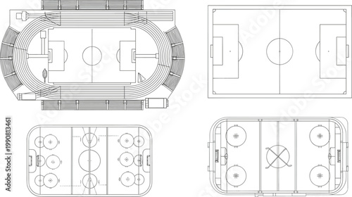 Sports Field Layout Icon Set Featuring Soccer Field, Ice Hockey Rink, and Stadium Designs in Top-View