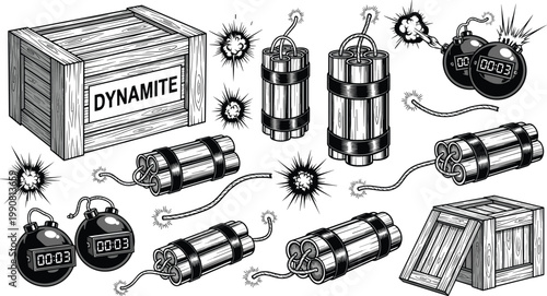 Dynamite and Bomb Icon Set Featuring Explosive Devices, Wooden Crates, and Fuses in Black and White Style