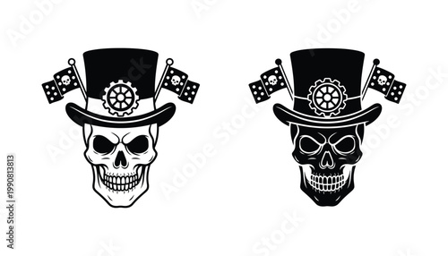 Steampunk skull with top hat and gear cog detail featuring skull and crossbones flags in professional vector illustration style suitable for gaming logos or dark themed graphic design assets