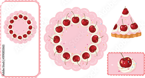Sweet Cherry Cake and Dessert Icon Set Featuring Fruit Tart Slice Whipped Cream and Sprinkles for Bakery Menus Pastry Shop Branding and Birthday Celebration Designs