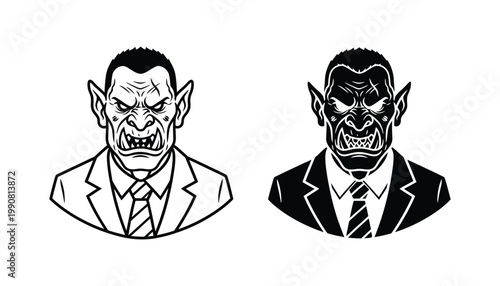 Evil orc businessman character head wearing suit and tie showing aggressive expression for fantasy corporate mascot design and dark humor business branding or gaming avatar assets