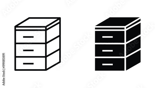 Office storage filing cabinet with drawers vector icon set in outline and solid black styles for professional organization or workplace graphic design projects isolated on white background