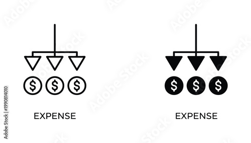 Expense financial concept icon with downward arrows and dollar coins in outline and solid black vector design
