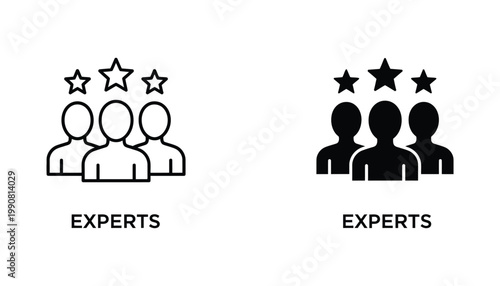 Team of experts icon featuring three human silhouettes topped with stars in outline and solid black vector design