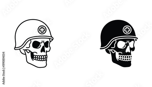 Medical military helmet worn by skull icon in outline and solid black style for tactical and emergency service branding