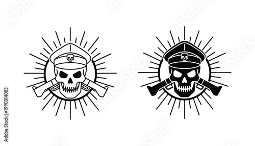 Military skull wearing officer cap with crossed guns in circular sunburst frame vector icon set in outline and solid black style