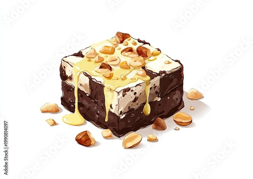 Rich chocolate brownie with creamy topping, drizzled sauce, and scattered nuts