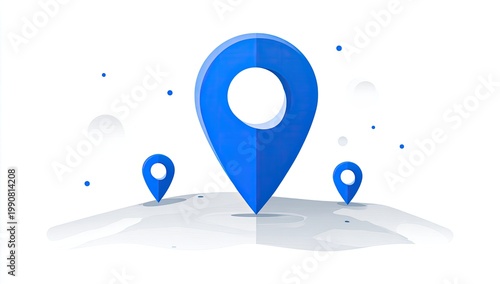 Three blue 3D location pins on a stylized, minimalist map with white background