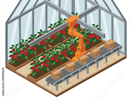 Isometric smart agriculture vector illustration depicting a greenhouse with a robotic arm and conveyor belt system for automated farming and harvesting