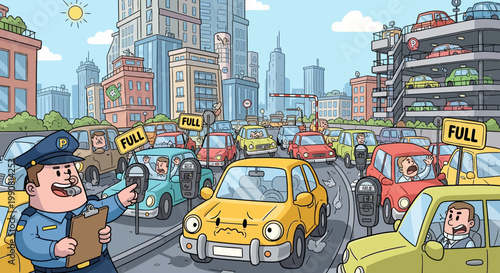 Cartoon illustration of a busy city street with a traffic controller and full taxis