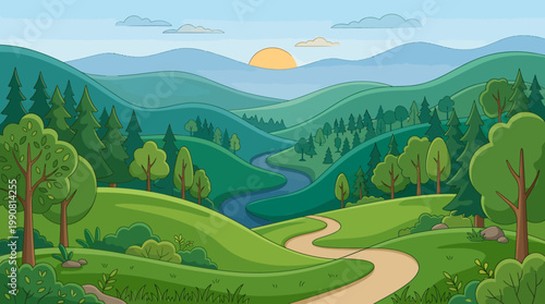 Serene landscape with rolling hills, trees, winding road, mountains, and sunset