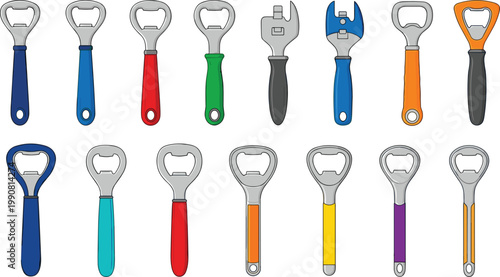 Colorful Bottle Opener Icon Set Featuring Different Styles and Handles for Kitchen and Bar Tools
