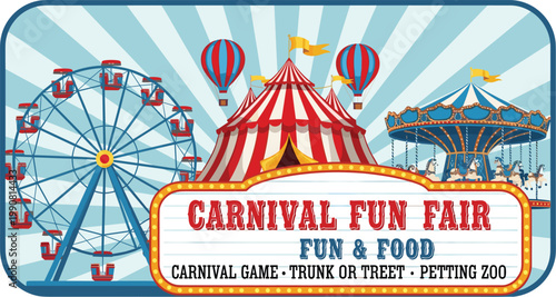 Vintage Carnival Fun Fair Banner with Ferris Wheel Circus Tent Carousel and Hot Air Balloons for Festivals Amusement Parks and Event Invitations