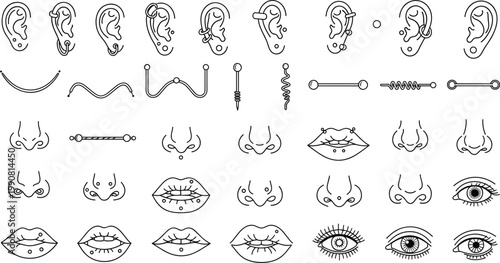 Piercing Icon Set Featuring Ear, Nose, Lip, and Eye Jewelry Designs in Minimalist Line Art Style