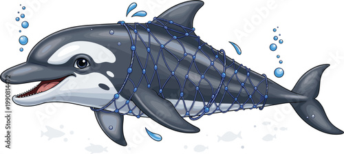 Dolphin Entangled in Fishing Net Vector Illustration Representing Marine Pollution, Ocean Conservation Issues, Sea Life Protection, and Environmental Awareness Campaigns