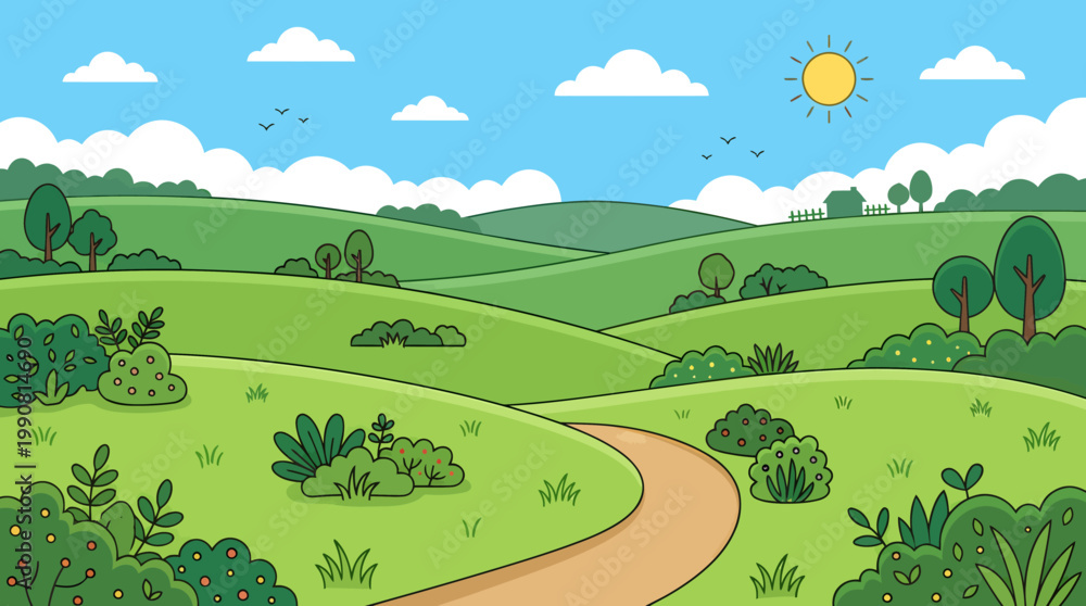 Fototapeta premium A serene landscape of rolling hills and trees under a sunny sky with a winding road