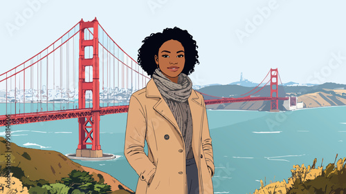 Black woman smiling in front of golden gate bridge