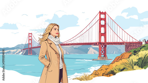 Woman traveling enjoying san francisco golden gate bridge view