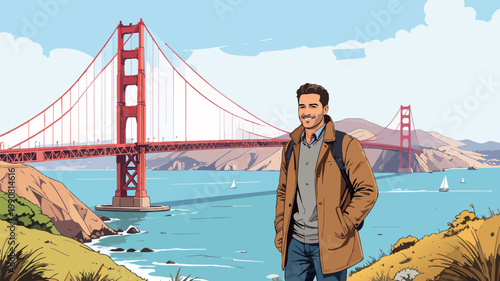 Smiling man exploring san francisco golden gate bridge