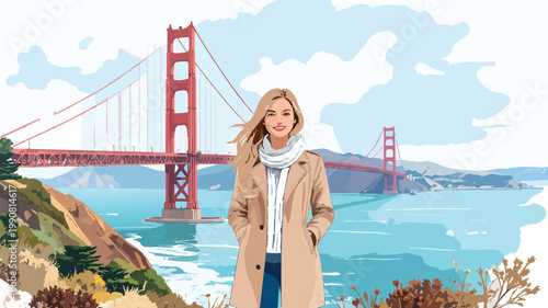 Young woman exploring san francisco golden gate bridge