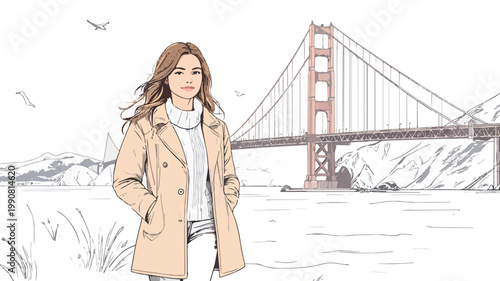 Young woman standing near golden gate bridge in san francisco