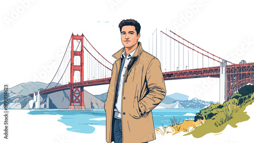 Young man visiting san francisco golden gate bridge