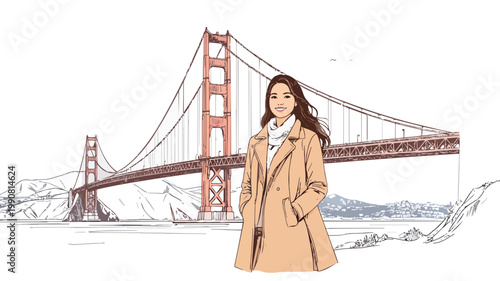 Woman traveling visiting san francisco golden gate bridge