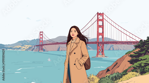 Young woman exploring san francisco with golden gate bridge