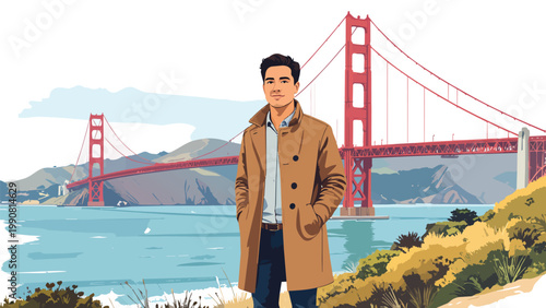 Young man traveling san francisco, seeing golden gate bridge