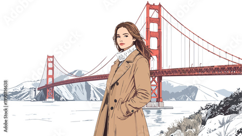Young woman exploring san francisco golden gate bridge
