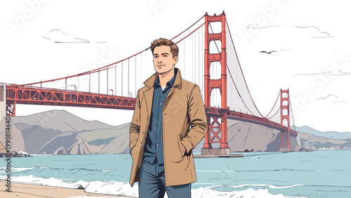 Man standing on beach with golden gate bridge in san francisco