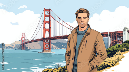 Smiling man standing with golden gate bridge san francisco