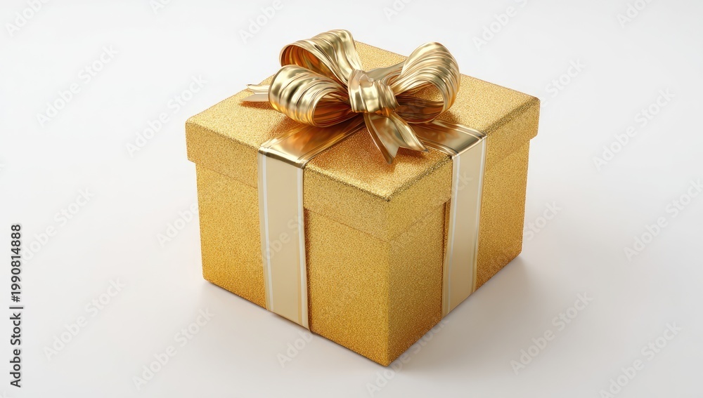 Fototapeta premium A shimmering gold gift box tied with a luxurious gold ribbon, on a white background
