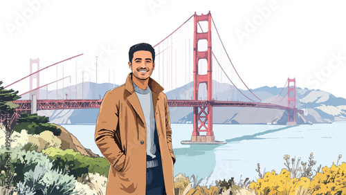 Man smiling enjoying golden gate bridge view san francisco