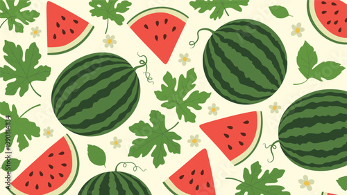 Refreshing seamless pattern featuring whole and sliced watermelons, lush green leaves, and delicate flowers, evoking a vibrant summer feel.