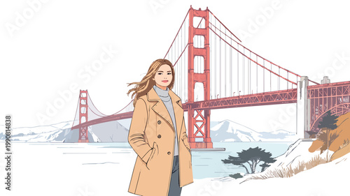 Woman traveling in san francisco overlooking golden gate bridge