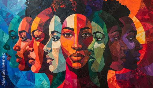 Diverse Minds: Group of abstract face geometric style merging composition with diverse ethnic people showing peaceful expression and unity together