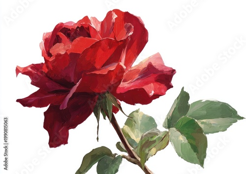 Vibrant red rose in bloom, detailed petals and green leaves, against white