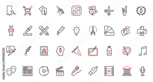 Collection of abstract artwork pictogram with music, theater, cinema movie media projects, portfolio symbols vector illustration. Trendy red black thin line icons set for art design creative process