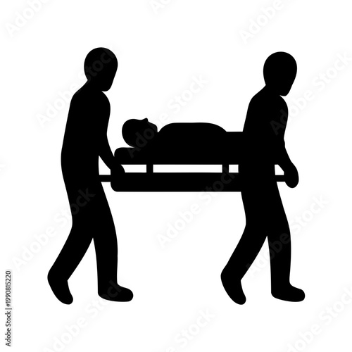 Medical emergency response, stretcher transport, black silhouette icons, healthcare illustration, vector graphics
