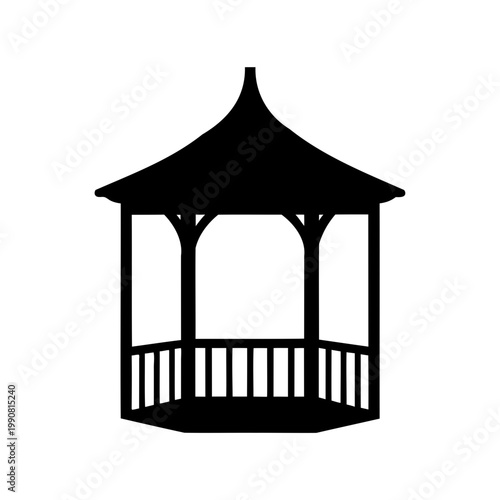 Black gazebo silhouette, outdoor pavilion icon, garden shelter, landscape design element