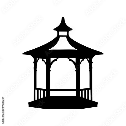 Black gazebo silhouette, vector pavilion icon, outdoor structure, landscape design element
