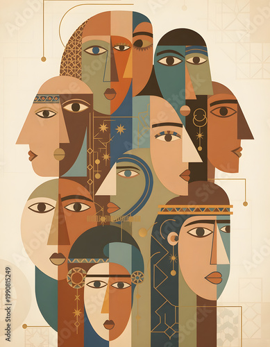 Diverse Minds: Group of abstract faces, geometric style, diverse portrait, cultural identity, expressive emotion, modern art composition