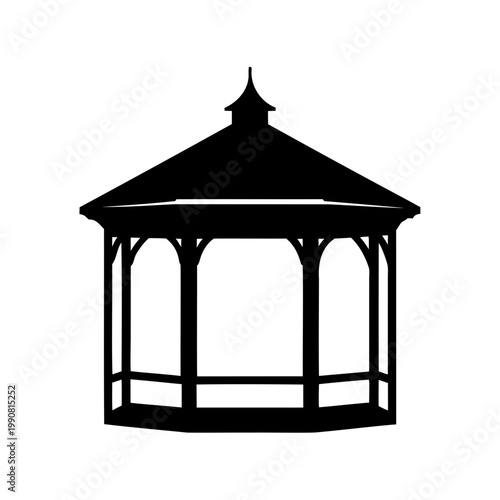 Black gazebo silhouette, outdoor pavilion icon, park shelter, vector illustration