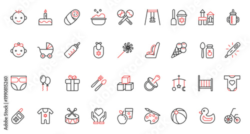 Red black thin line icons set for baby care. Toys and rattle for game activity of kid, nappy diaper, pacifier for newborn, bed carriage for infant child, girl boy faces vector illustration