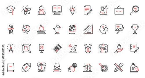 Red black thin line icons set for school, college and university education. Laboratory equipment for training chemistry and physics, library books for students. Vector illustration.
